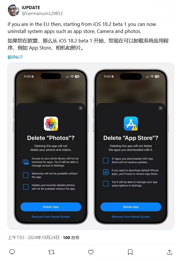 白银苹果手机维修分享iOS 18.2 支持删除 App Store 应用商店 